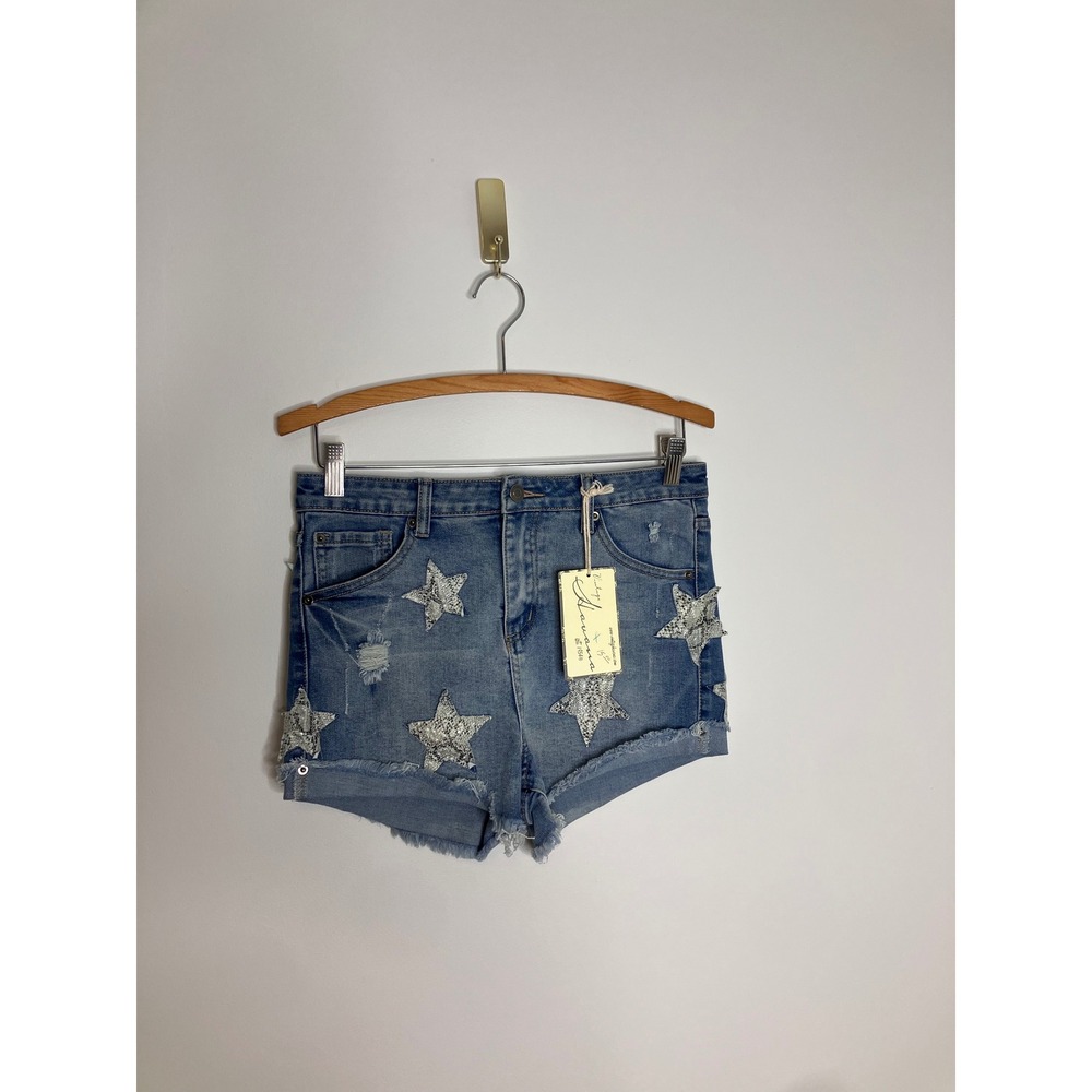 Vintage Havana Jean Shorts Womens 28 Blue NWT Star Applique Distressed Cut Off